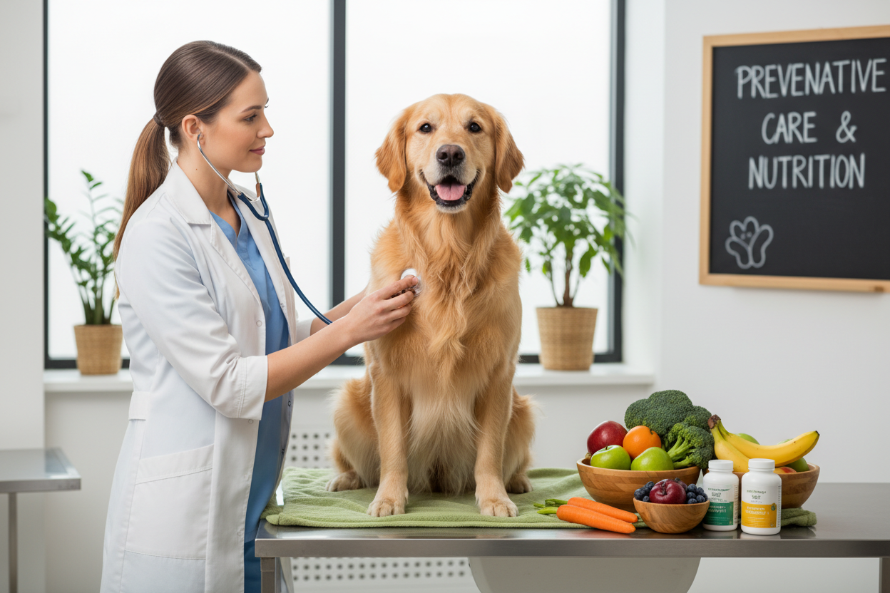 Veterinaria cuidando perro con alimentación saludable