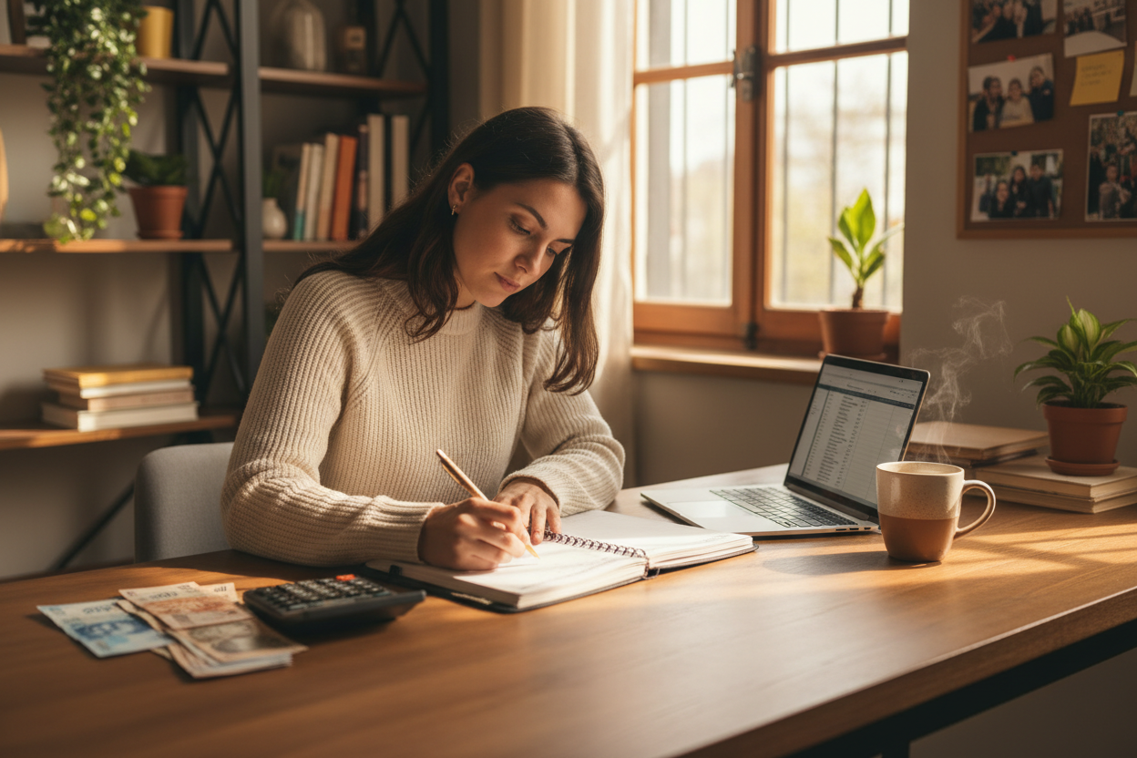 Mujer organizando finanzas del hogar con planificador