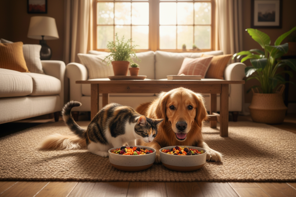 Perro y gato saludables comiendo alimento natural